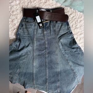 NWT |Galita Fashion Denim Jean Midi Skirt. A Line with Dark Brown Belt. Size M